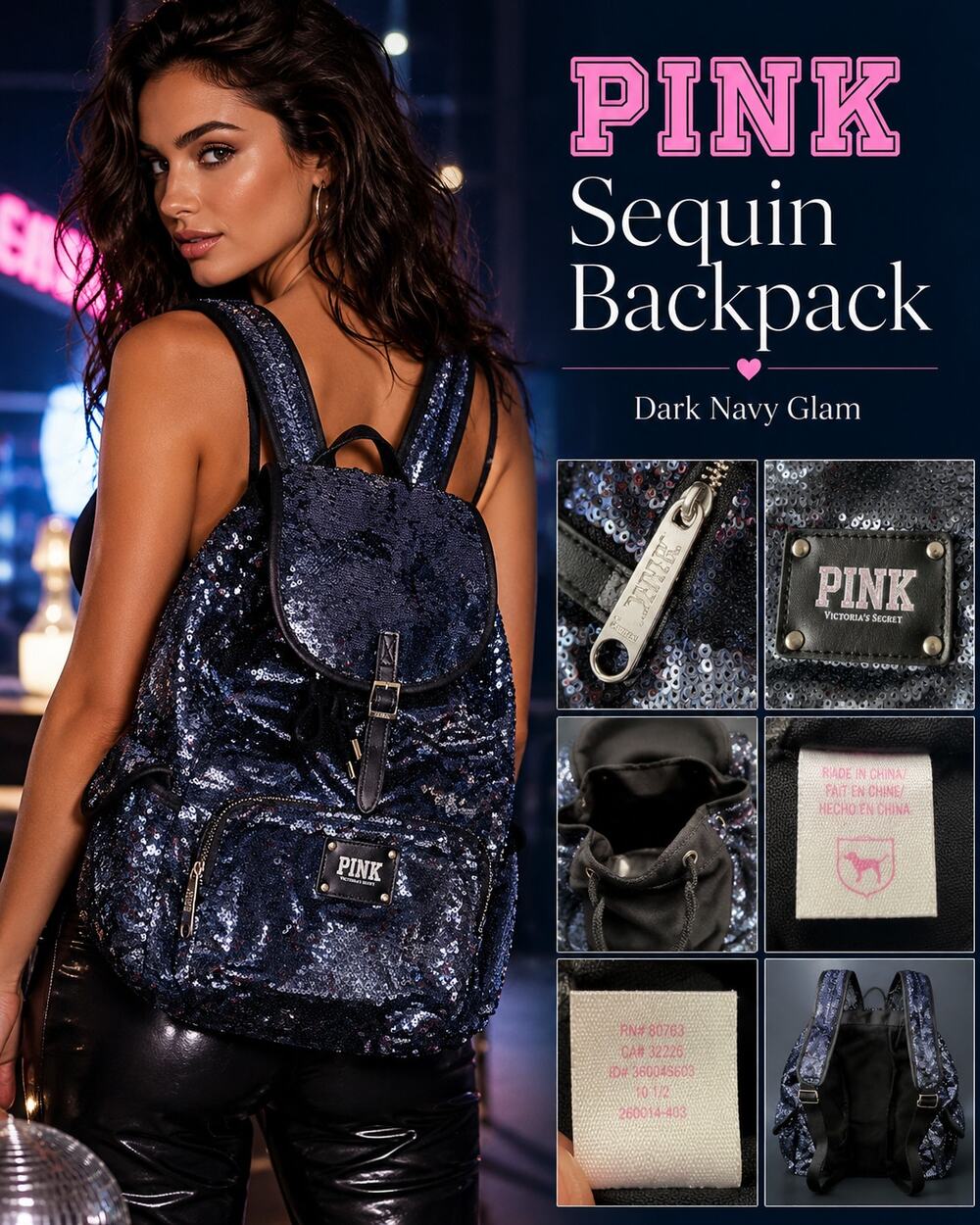 PINK Victoria’s Secret Black Sequin Backpack Drawstring Bag